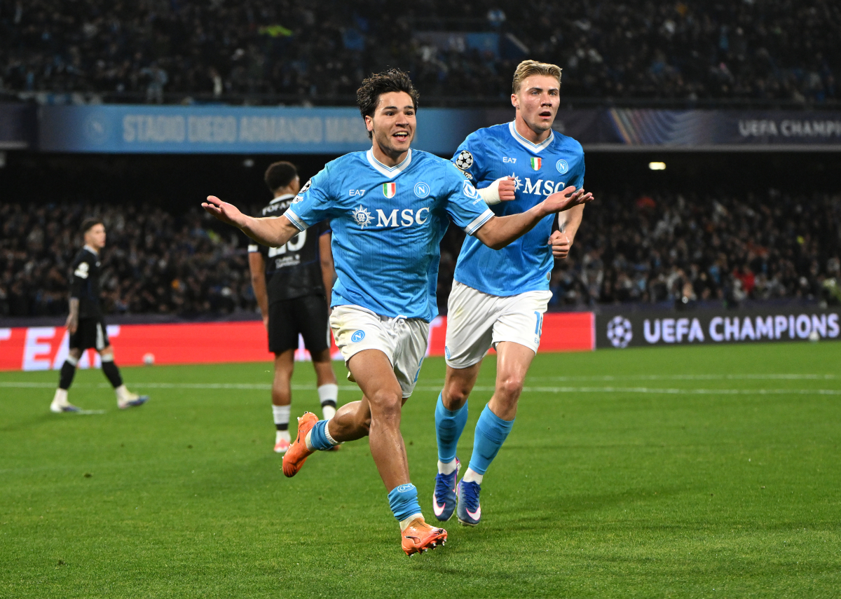 NAPLES, ITALY - JANUARY 28: Antonio Vergara of SSC Napoli celebrates scoring his team's first goal during the UEFA Champions League 2025/26 League Phase MD8 match between SSC Napoli and Chelsea FC at Stadio Diego Armando Maradona on January 28, 2026 in Naples, Italy. (Photo by Francesco Pecoraro/Getty Images)